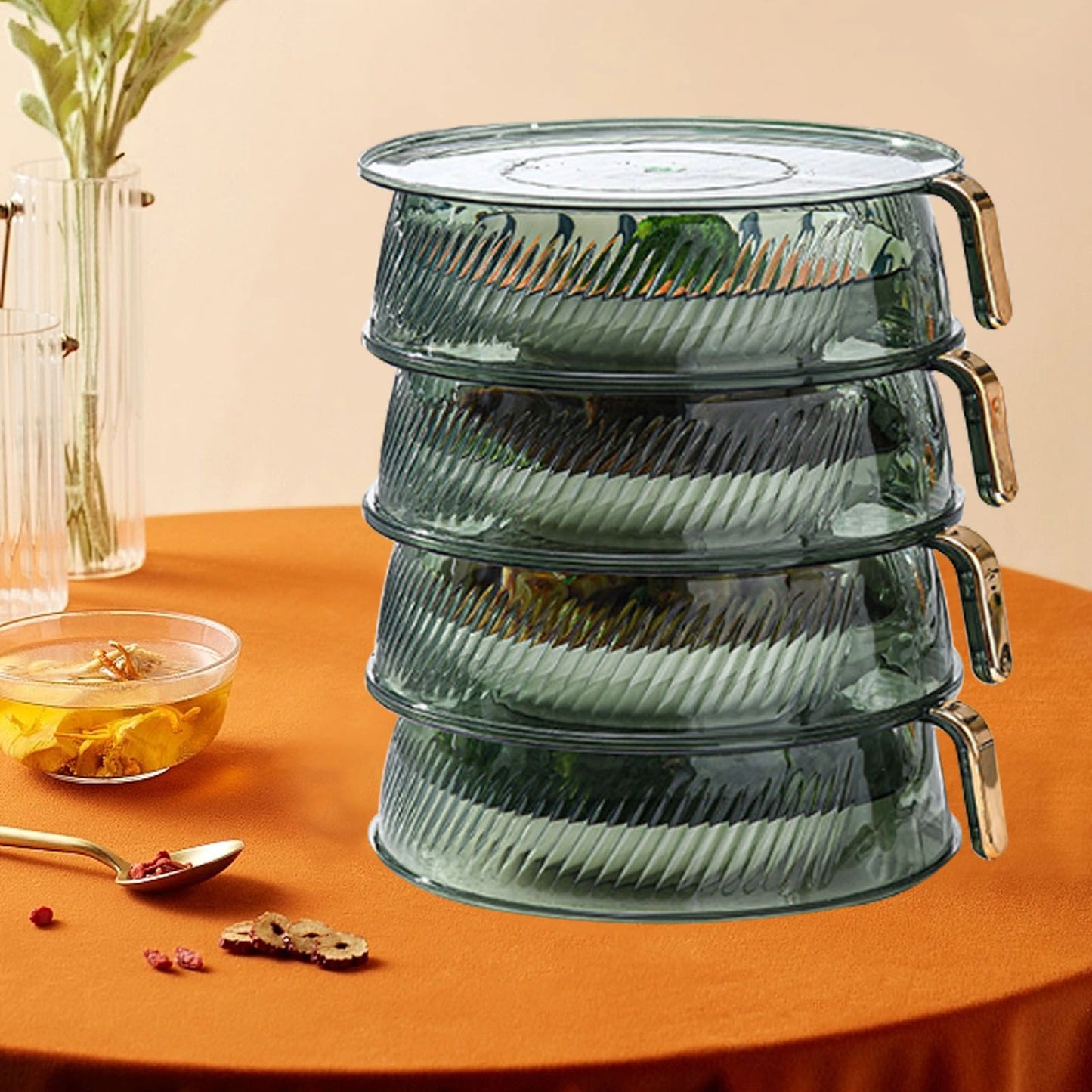 Transparent Green Insulated Food Cover Stackable Multilayer Dustproof Thermal Vegetable Storage Cover 4 Layer