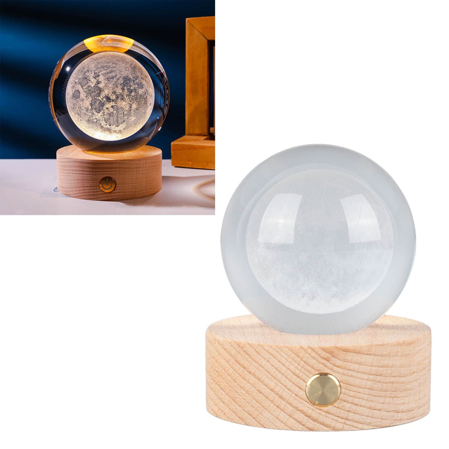 6cm 3D Crystal Ball Luminous Clear Sculpture Round Astronomy Ball Miniature Sculpture Ball Night Light Moon Crystal Ball