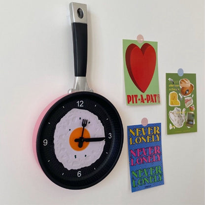 Wall Clock ABS Fried Egg Frying Pan Shape Silent Battery Operated Wall Clock for Bedroom Living Room Kitchen Pink