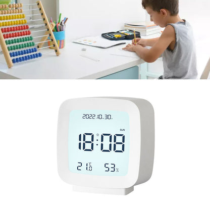 Kids Alarm Clock LED Digital Indoor Alarm Clocks with Temperature and Humidity Display for Kids White