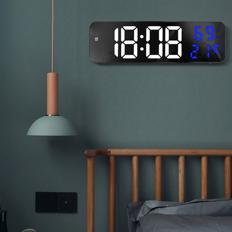 Mirror Large Digital LED Clock Home Electronic Alarm Clock Large Screen Plug in Clock Wall Mounted White and Blue