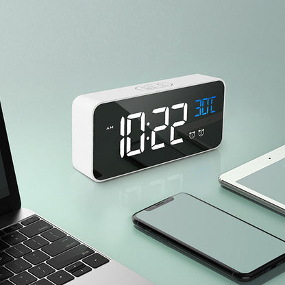 LED Alarm Electric Clock Multifunctional Exquisite Mirrored Surface Silent Bedside Clock for Home Bedroom Office Decor White