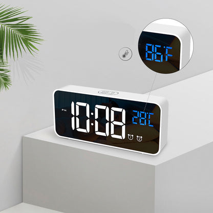 LED Alarm Electric Clock Multifunctional Exquisite Mirrored Surface Silent Bedside Clock for Home Bedroom Office Decor White