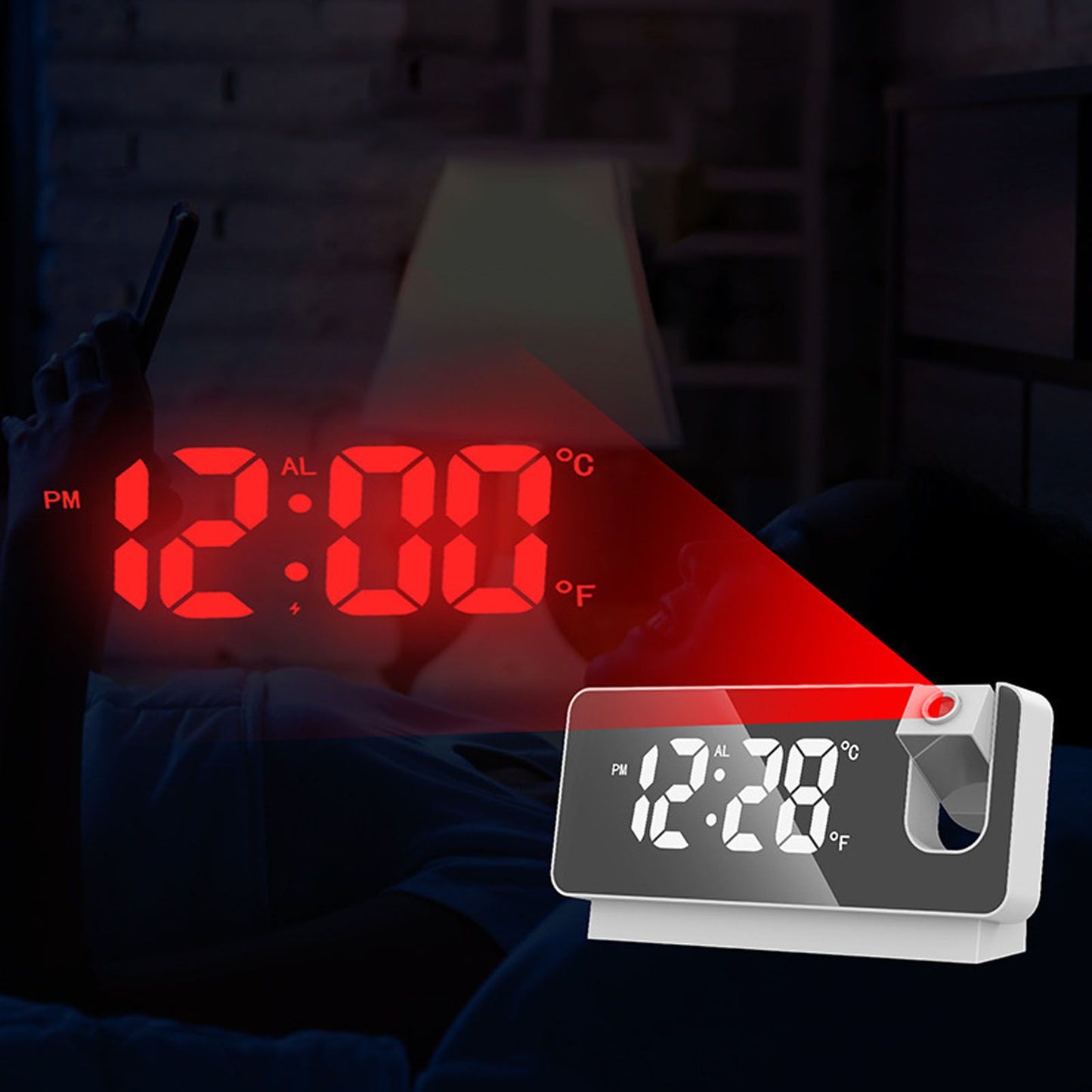 Projection Alarm Clock 360 Degree Flexible Adjust Creative LED Mirror Digital Clock with Temperature Display Power Off Memory White