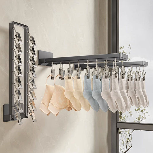 Socks Hanger Wall Mounted Foldable Windproof Zinc Alloy Clip Drying Rack for Underwear Towel 16 Clips (43.3cm/17in)