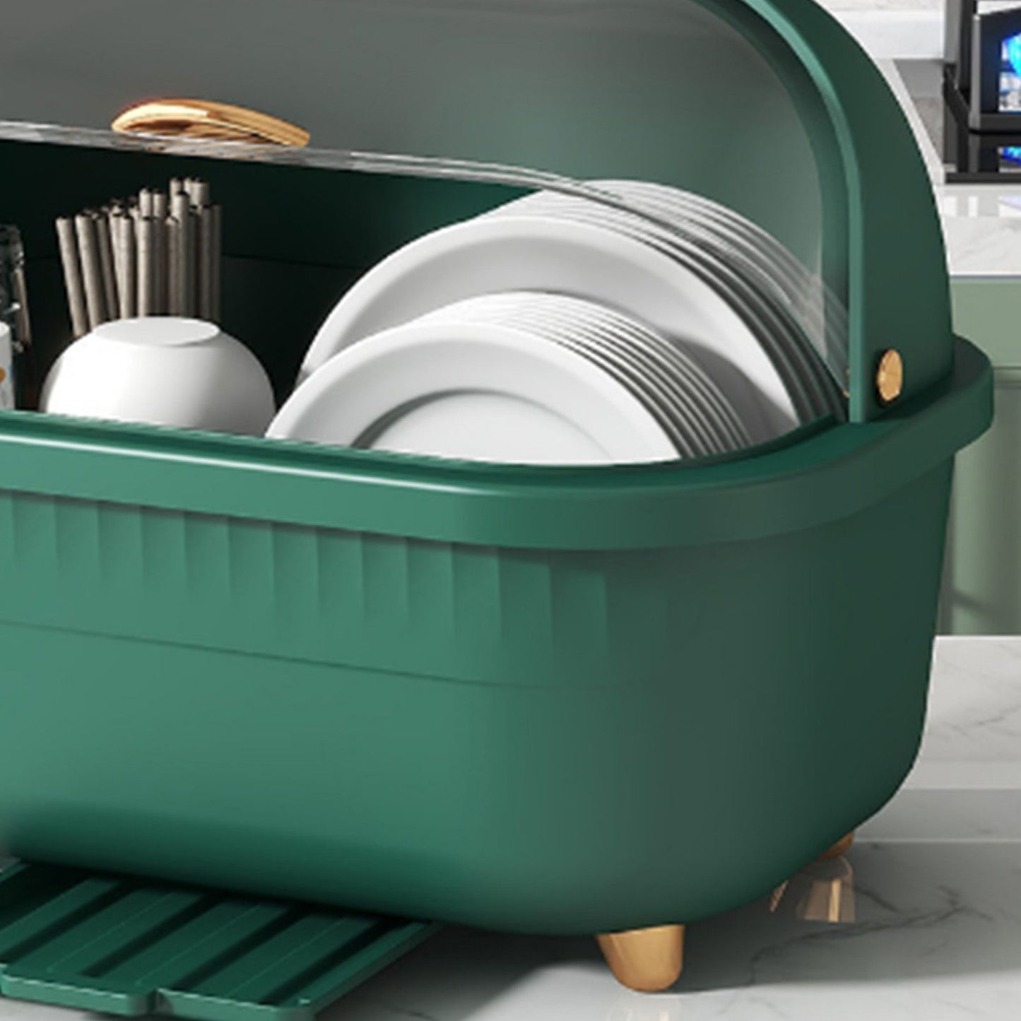 Dish Drying Box Multifunctional Space Saving Dish Drainer with Lid Cover for Kitchen Accessories Green L
