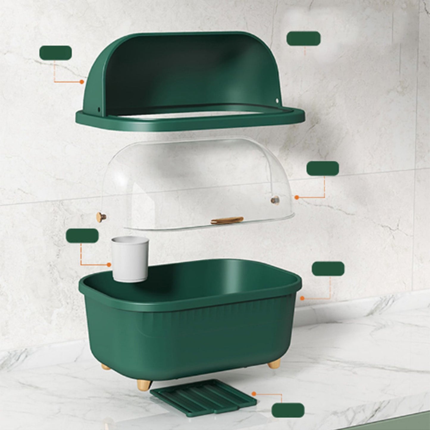 Dish Drying Box Multifunctional Space Saving Dish Drainer with Lid Cover for Kitchen Accessories Green L