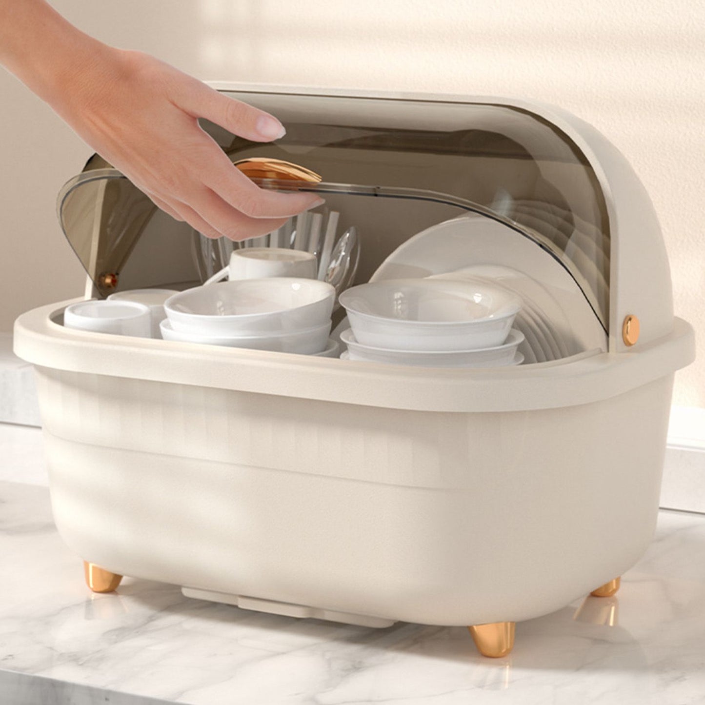 Dish Drying Box Multifunctional Space Saving Dish Drainer with Lid Cover for Kitchen Accessories Apricot L