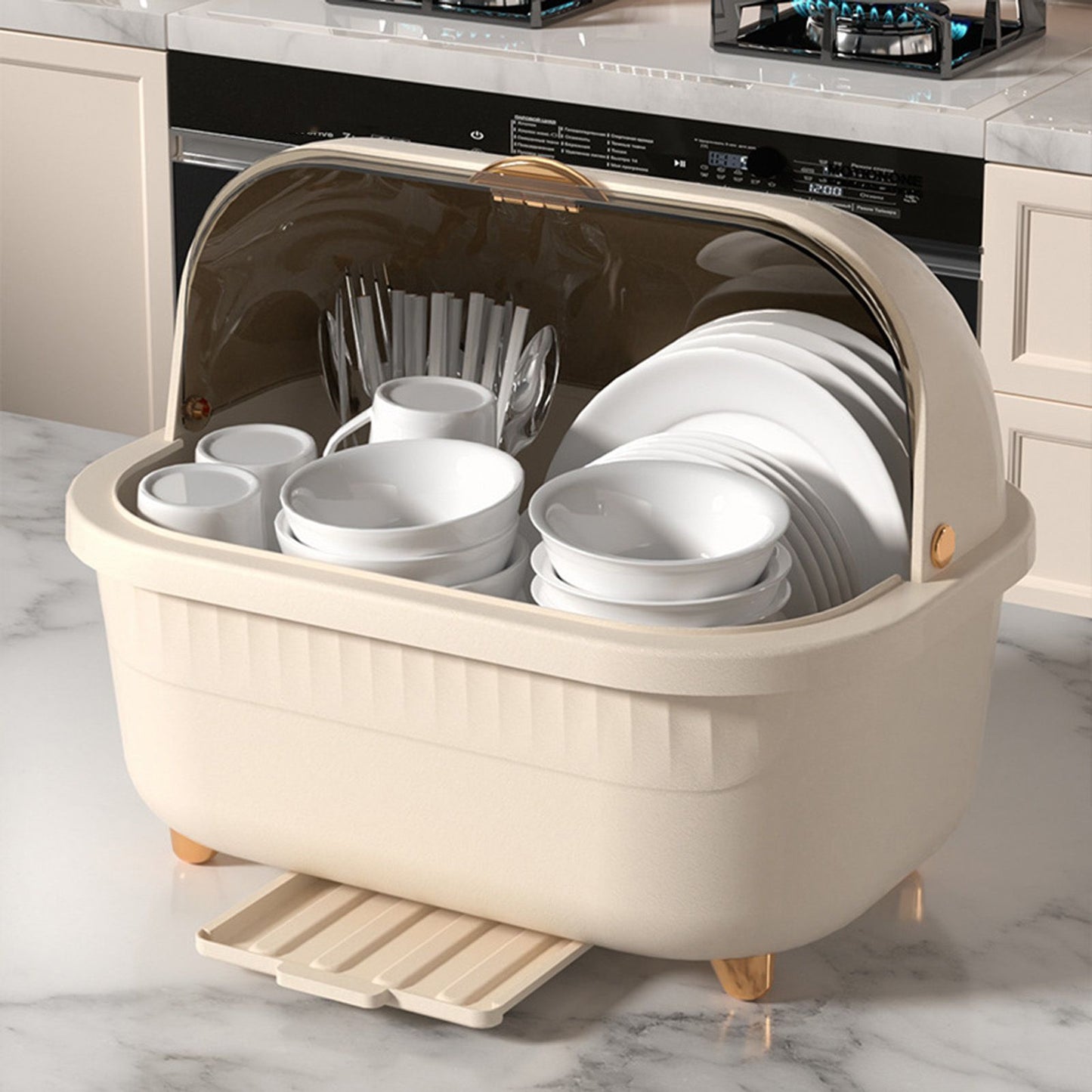 Dish Drying Box Multifunctional Space Saving Dish Drainer with Lid Cover for Kitchen Accessories Apricot L