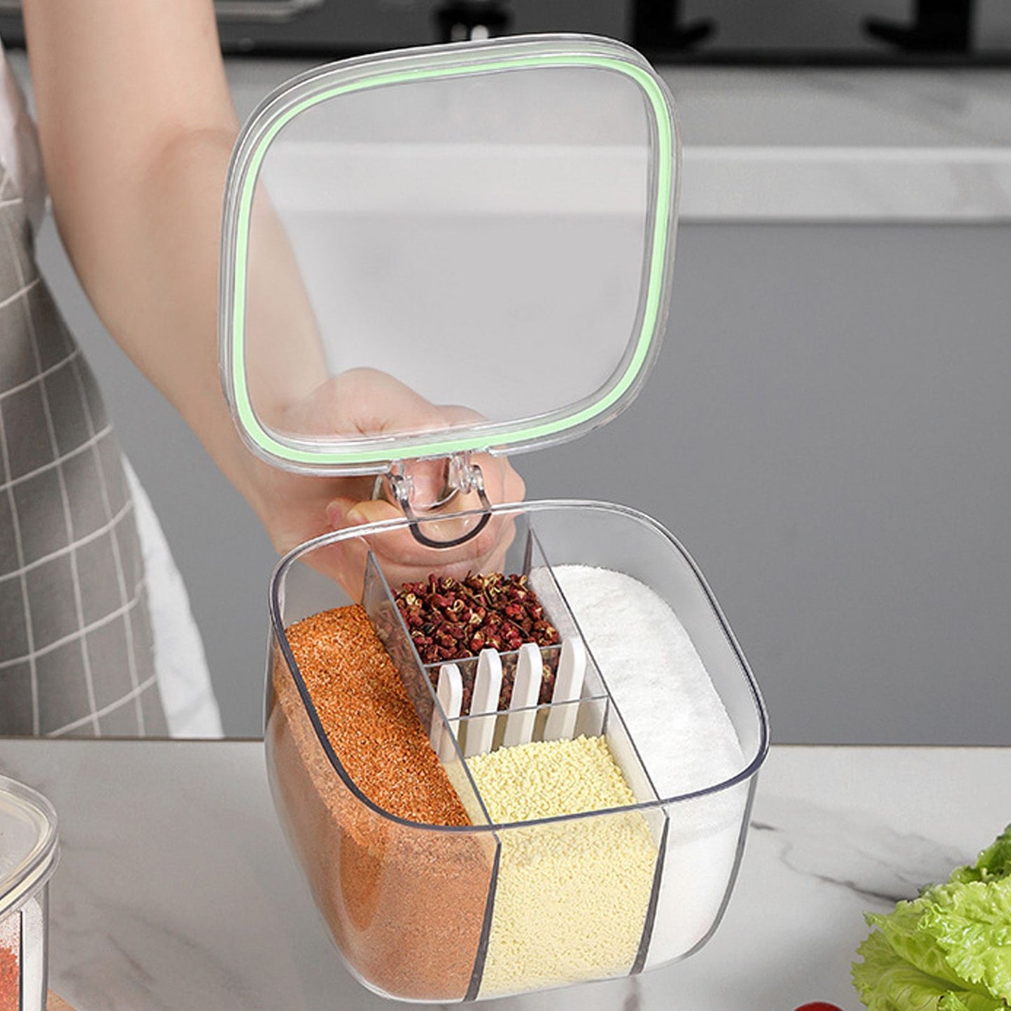 Seasoning Box 4 Compartments Transparent Window Strong PET Seasoning Jar with 4 Spoons for Home Kitchen Cooking Light Green