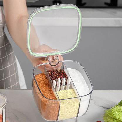 Seasoning Box 4 Compartments Transparent Window Strong PET Seasoning Jar with 4 Spoons for Home Kitchen Cooking Light Green