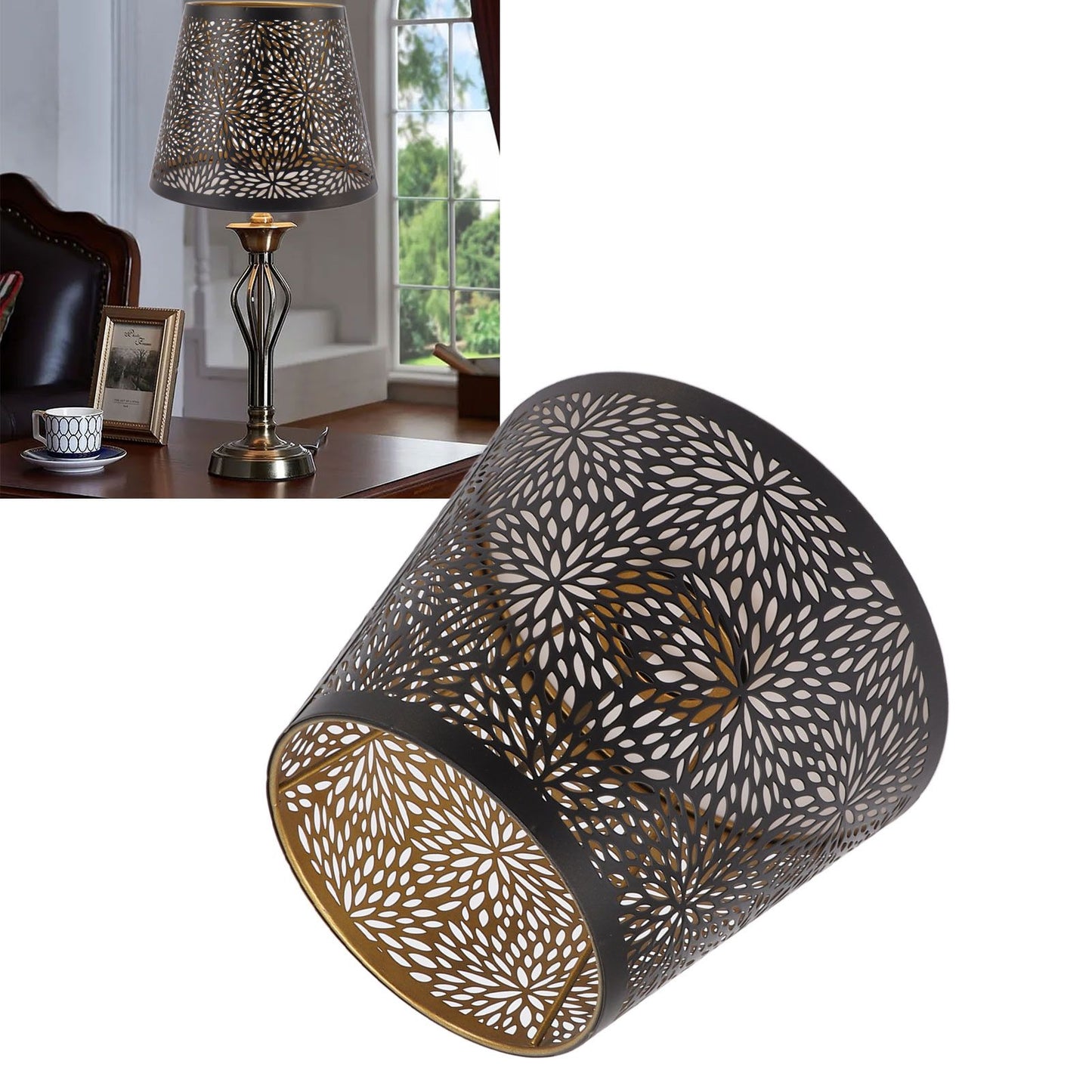 Metal Lamp Shade E26 E27 Forest Tree Style Hollow Out Iron Decorative Lampshade Cover with Inner Gold Pattern for Table Wall Ceiling Lamp Black