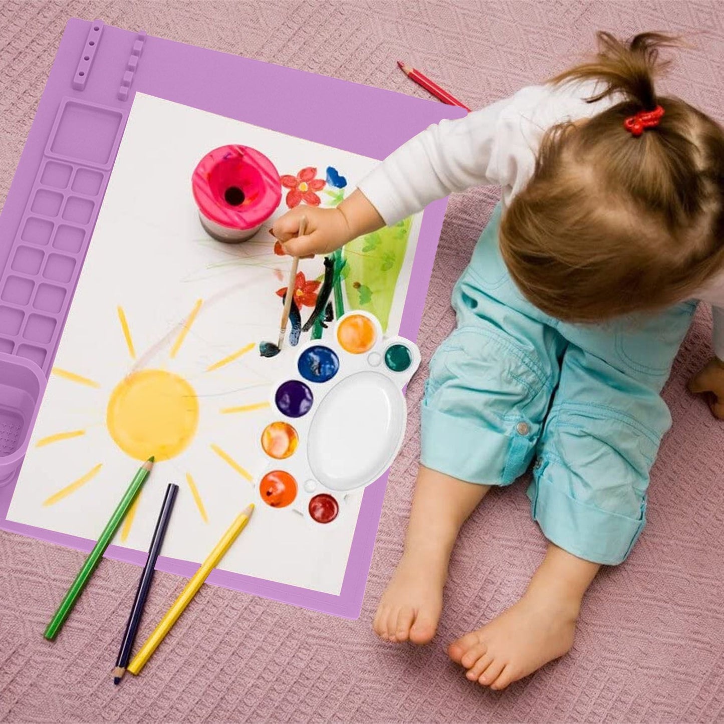 Silicone Painting Mat with Cup DIY Cultivate Artistic Talent Easy To Wipe Silicone Art Mat for Boys Girls Art Supplies Purple