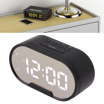 Digital Alarm Clock USB LED Display White Light Mirror Electronic Desktop Clock for Bedroom Living Room Office Black Case