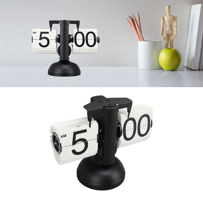 European Style Retro Digital Flip Down Clock 304 Stainless Steel Auto Mechanical Digital Flip Desk Clock for Home Livingroom 12 Hours Single Leg Black Frame White Page
