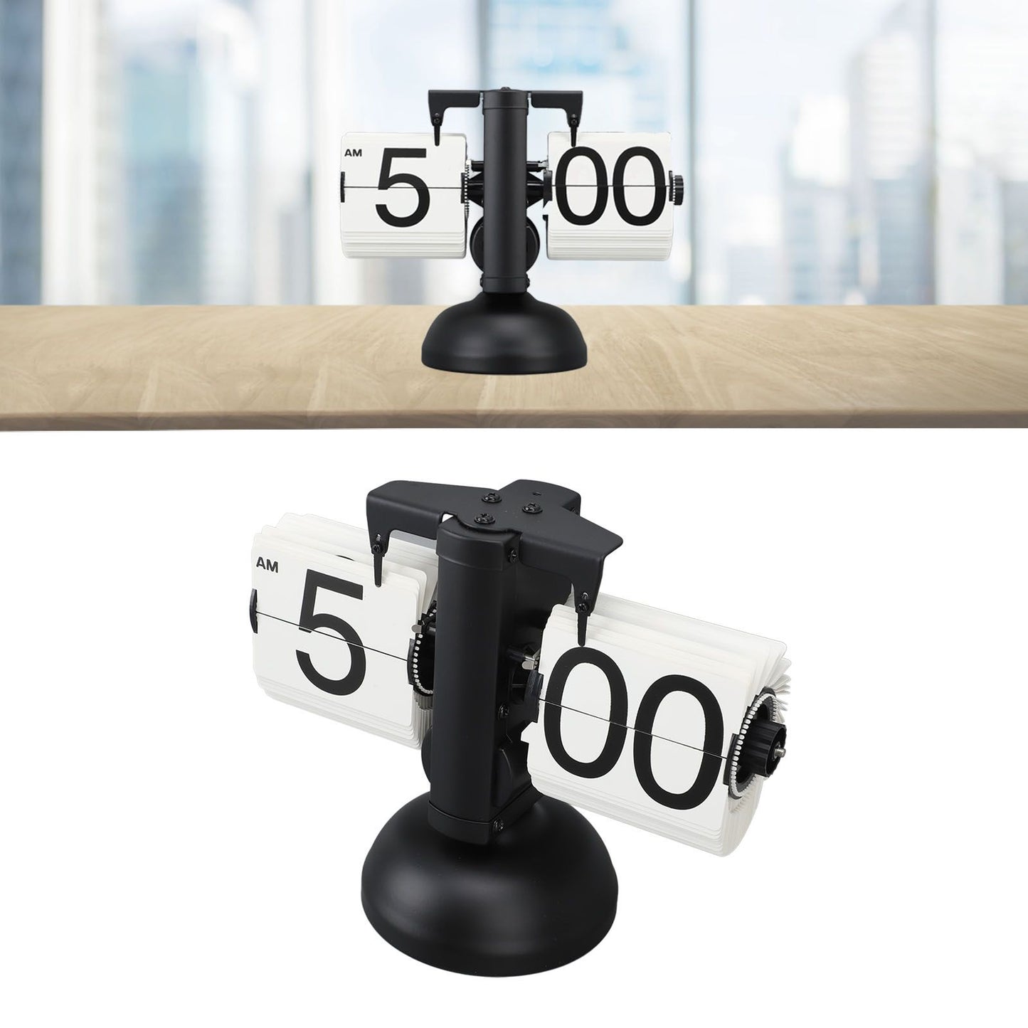 European Style Retro Digital Flip Down Clock 304 Stainless Steel Auto Mechanical Digital Flip Desk Clock for Home Livingroom 12 Hours Single Leg Black Frame White Page
