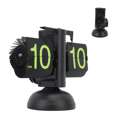 European Style Retro Digital Flip Down Clock 304 Stainless Steel Auto Mechanical Digital Flip Desk Clock for Home Livingroom 12 Hours Black Frame Green Number