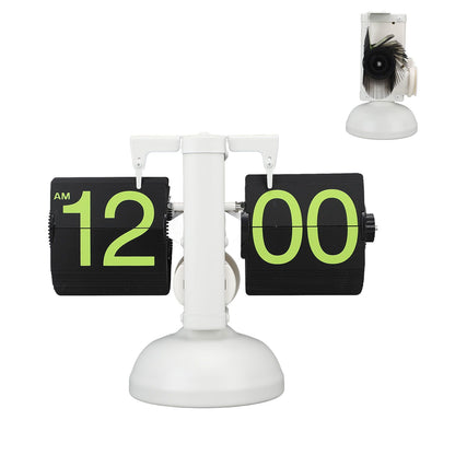 European Style Retro Digital Flip Down Clock 304 Stainless Steel Auto Mechanical Digital Flip Desk Clock for Home Livingroom 12 Hours White Frame Green Number
