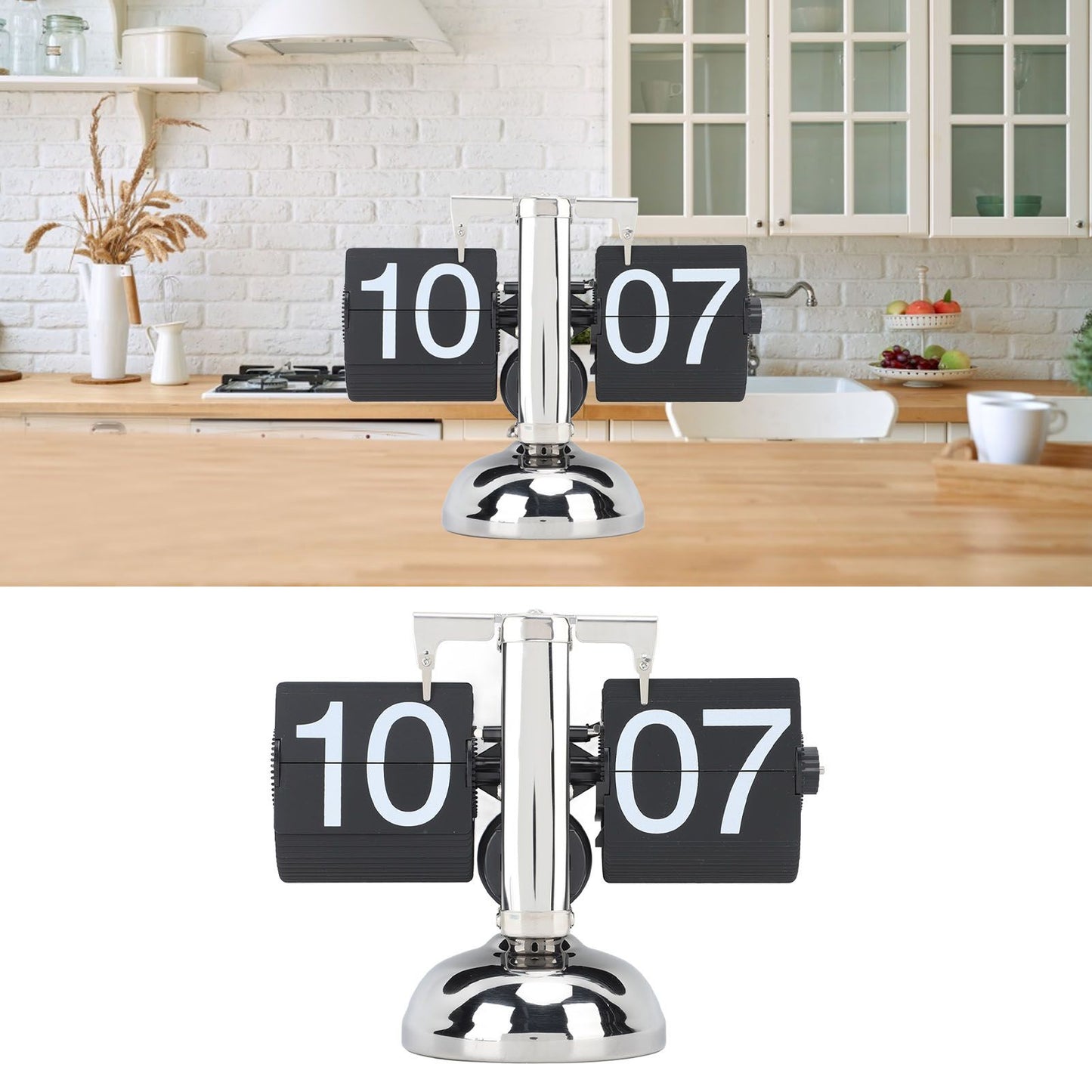 Flip Clock Large Number Battery Powered 304 Stainless Steel Tabletop Retro Flip Clock for Home Office 24 Hours Black Page