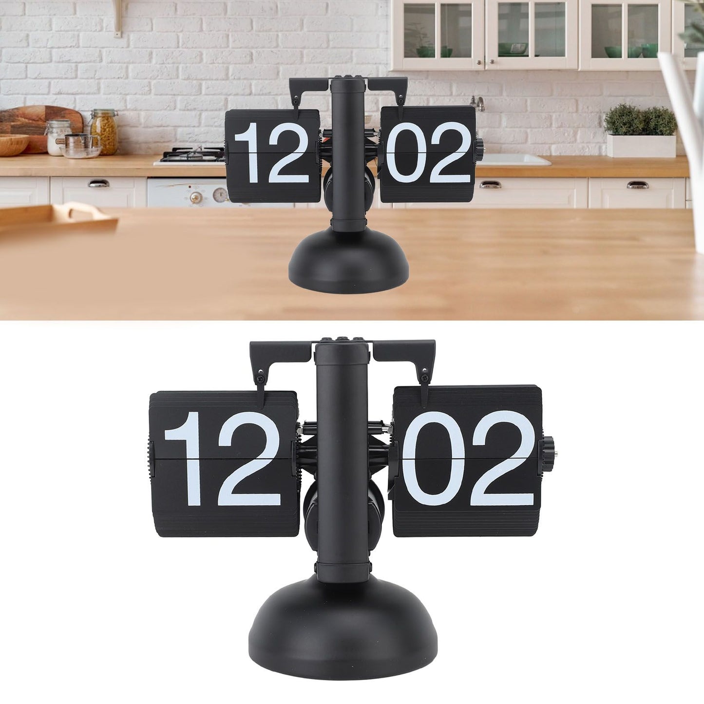 Flip Clock Large Number Battery Powered 304 Stainless Steel Tabletop Retro Flip Clock for Home Office 24 Hours All Black