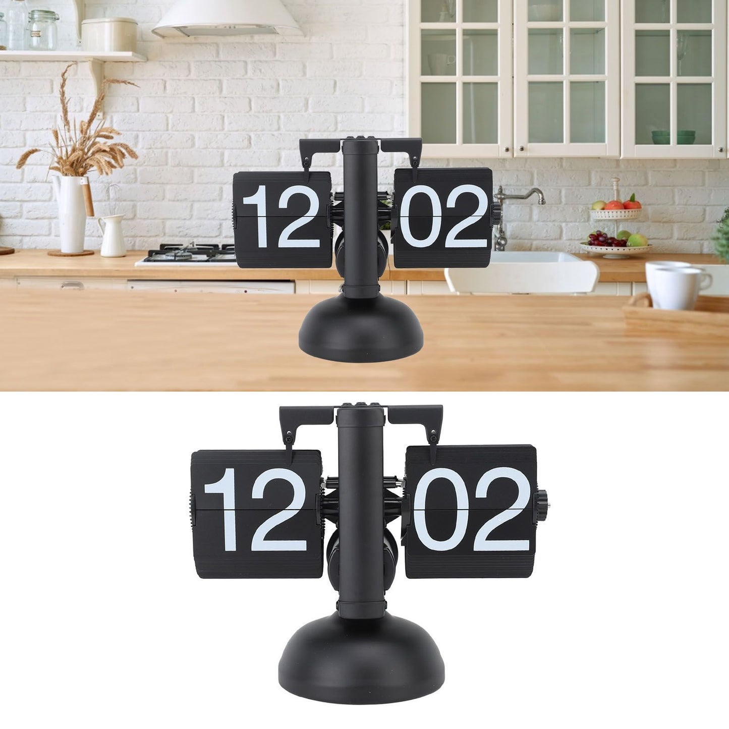 Flip Clock Large Number Battery Powered 304 Stainless Steel Tabletop Retro Flip Clock for Home Office 24 Hours All Black
