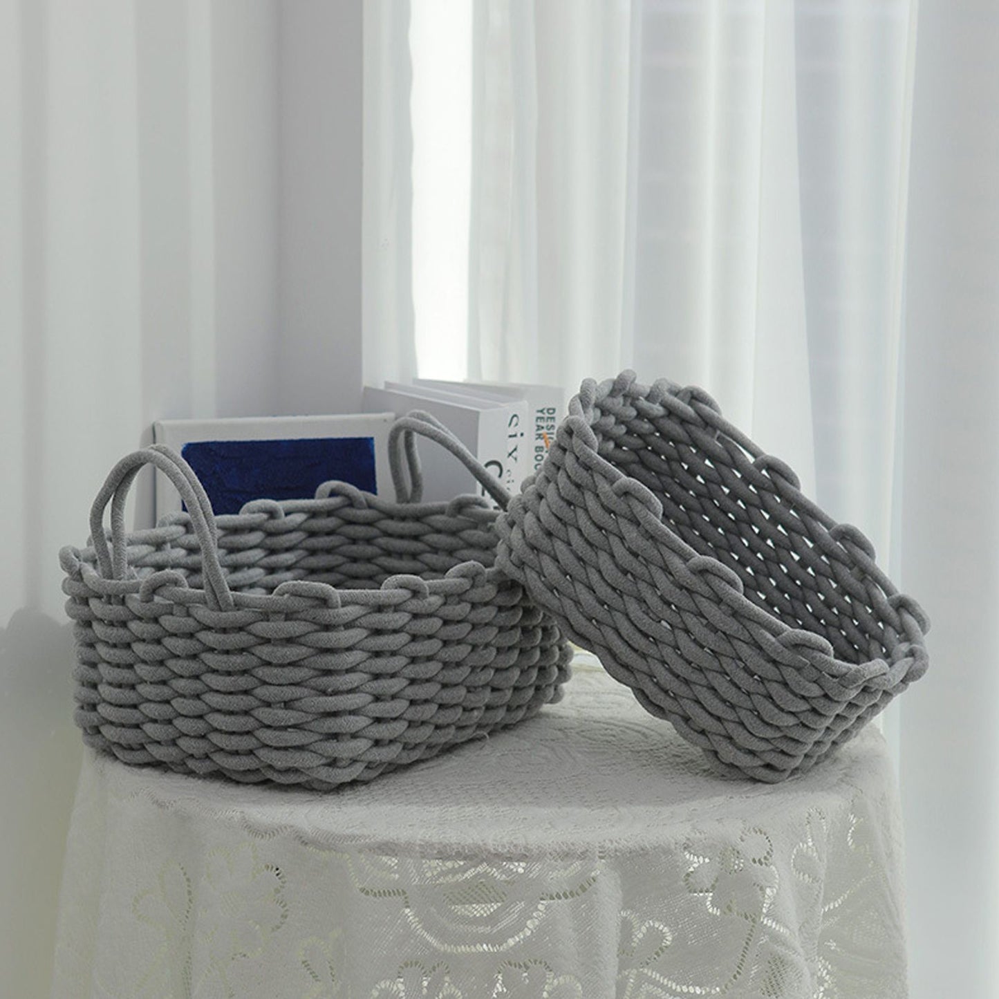 Cotton Rope Storage Basket Hand Knitting Nordic Style Desktop Storage Organizer for Key Snacks Underwear Grey 30x22x14cm/11.8x8.7x5.5in