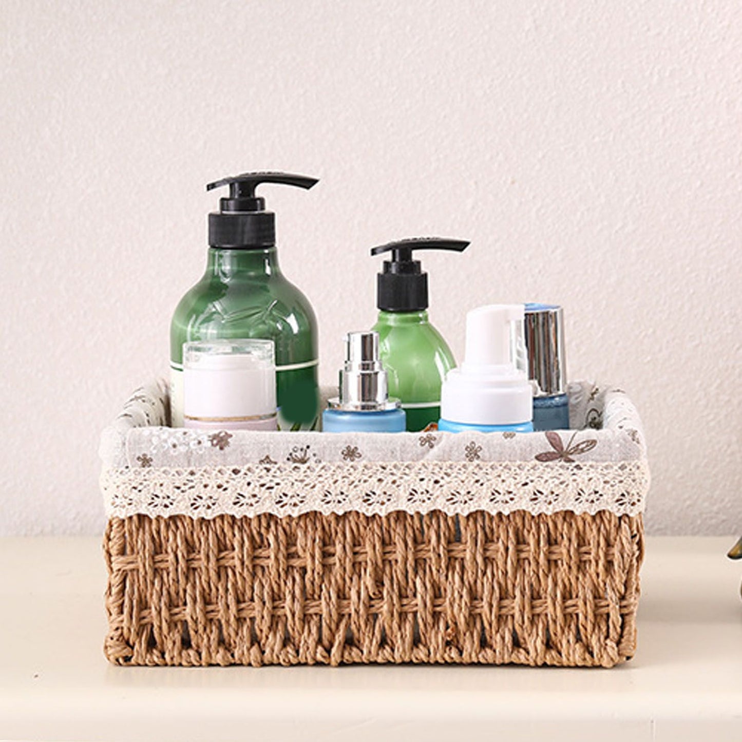 Woven Storage Basket Rural Fabric Weaving Handmade Desktop Storage Basket for Organizing Shelves Bedroom Bathroom Medium Size 22x16x10cm Khaki