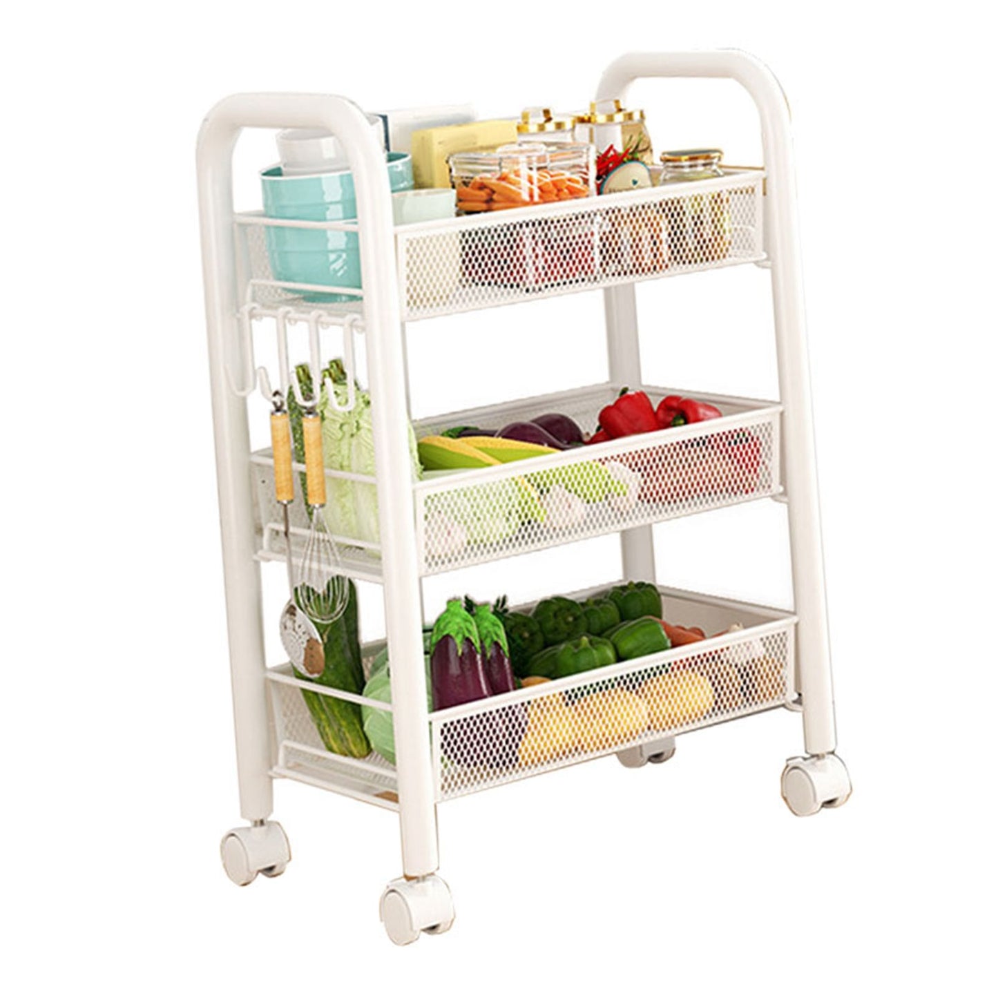 Rolling Storage Cart Layered Storage Shelves Multi Functional Movable Snack Vegetable Baskets Kitchen Shelves White Three Layers