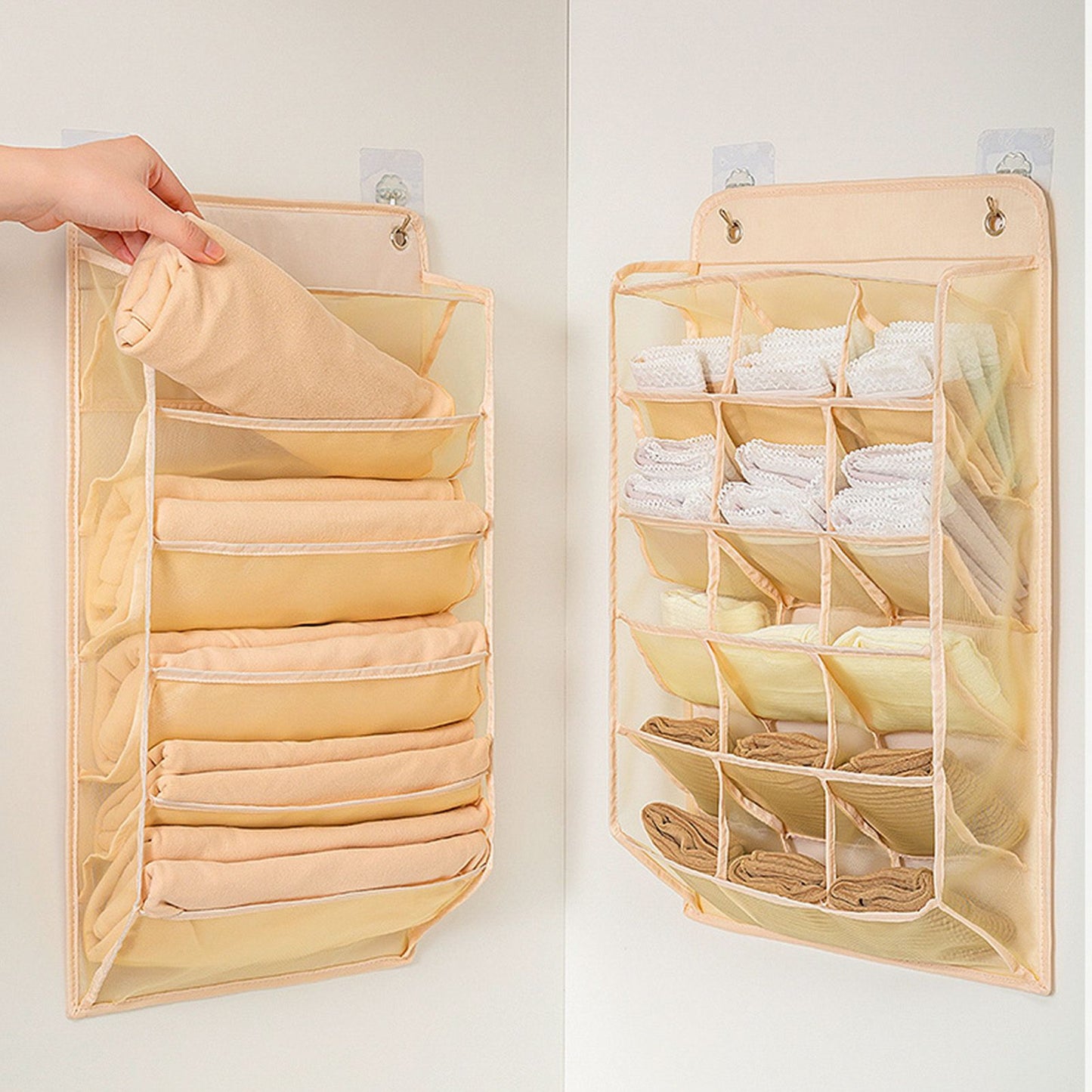 Closet Hanging Underwear Organizer Mesh Oxford Cloth PP Board Underwear Wall Shelf Wardrobe Hanging Storage Bag for Bra Socks Underpants 15 Pockets Beige