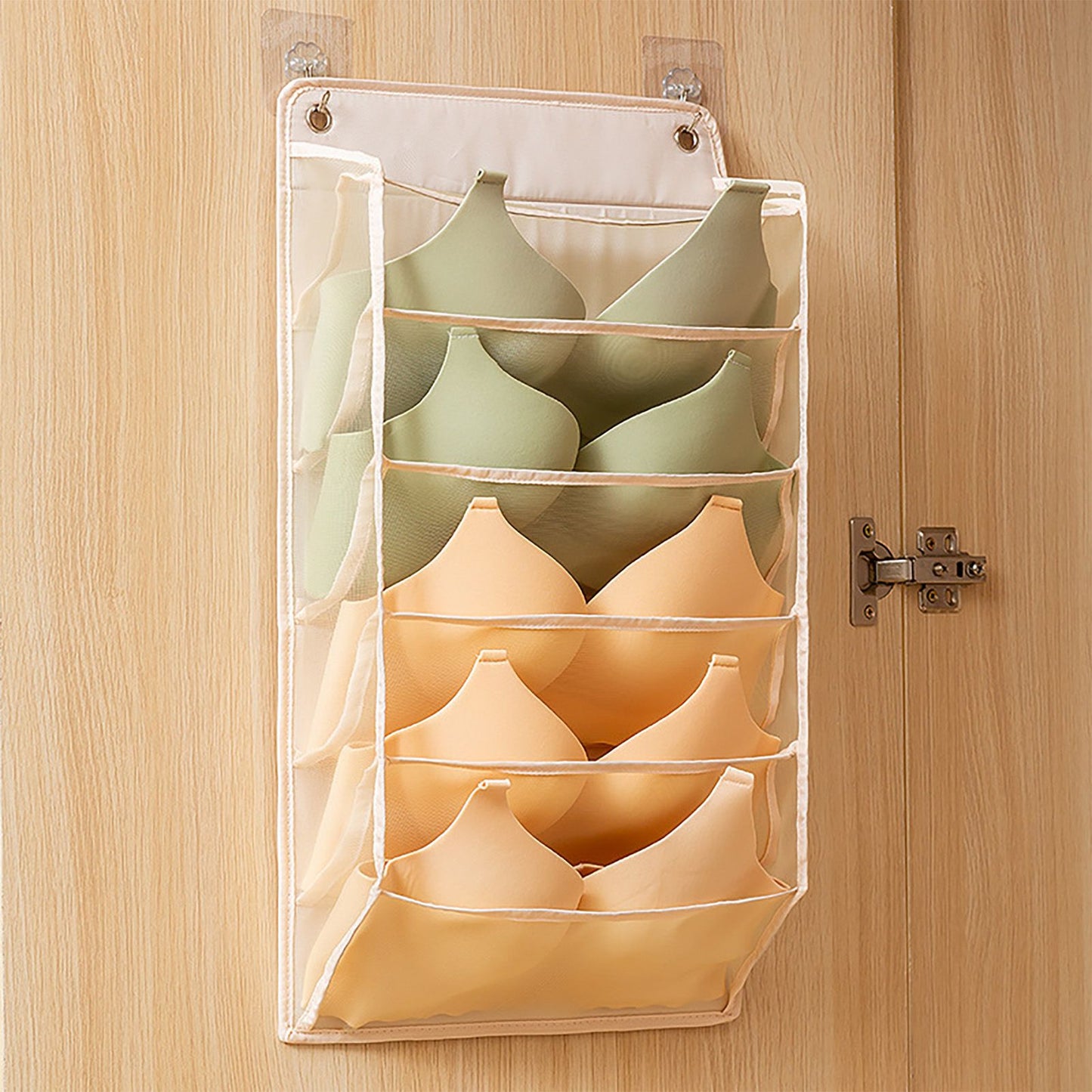 Closet Hanging Underwear Organizer Mesh Oxford Cloth PP Board Underwear Wall Shelf Wardrobe Hanging Storage Bag for Bra Socks Underpants 5 Pockets Beige