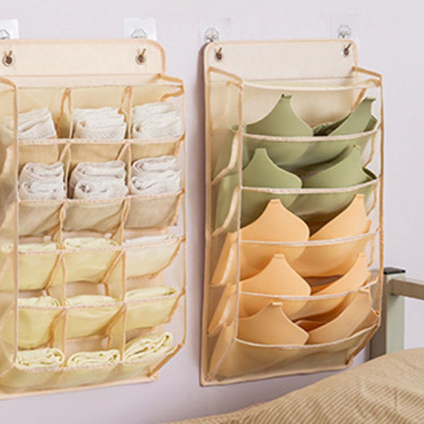 Closet Hanging Underwear Organizer Mesh Oxford Cloth PP Board Underwear Wall Shelf Wardrobe Hanging Storage Bag for Bra Socks Underpants 5 Pockets Beige