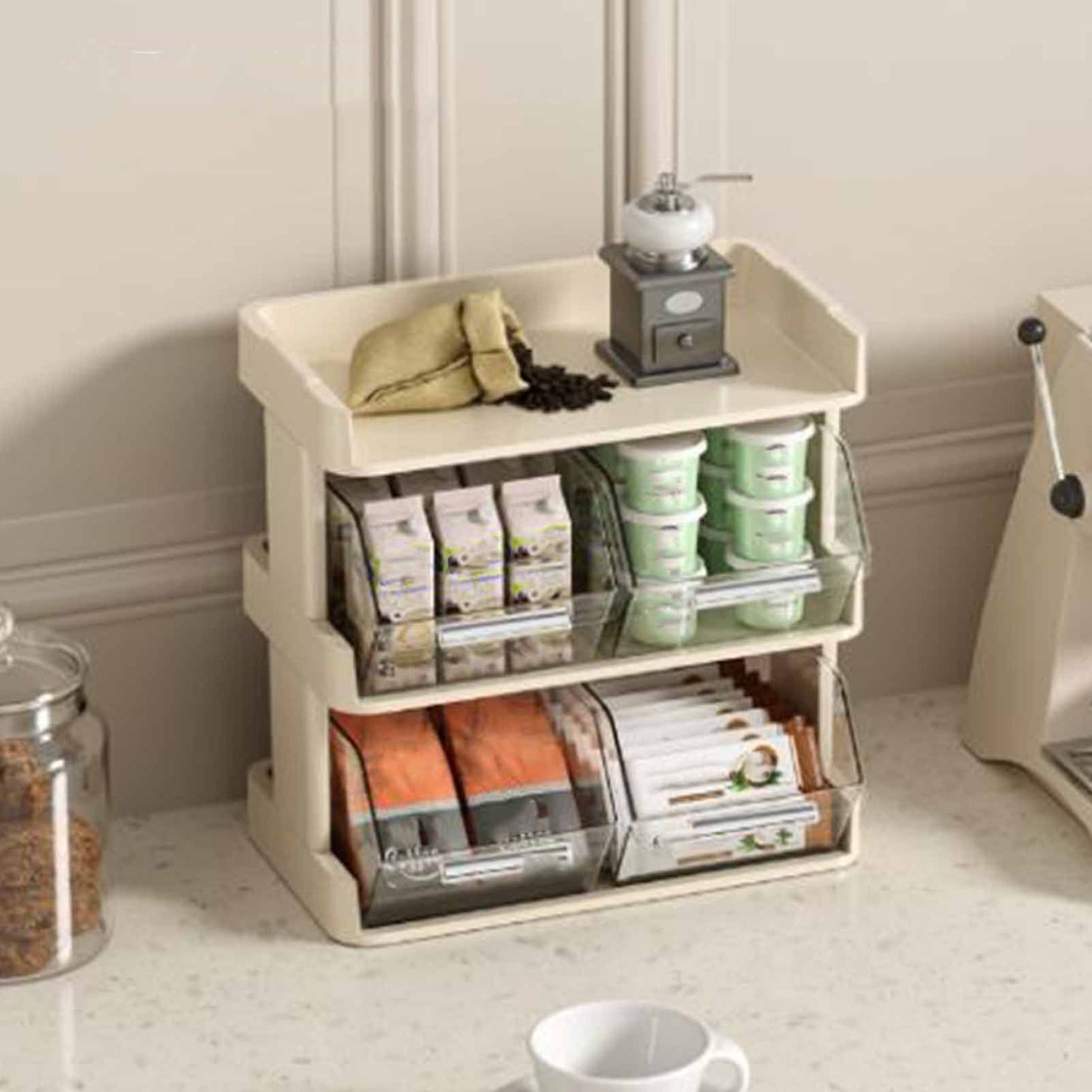 Tea Bag Organizer Office Bar Desktop Tea Bag Coffee Capsule Storage Rack Multilayer Countertop Organizer Cream White 3 Layer 30x17x29.5cm