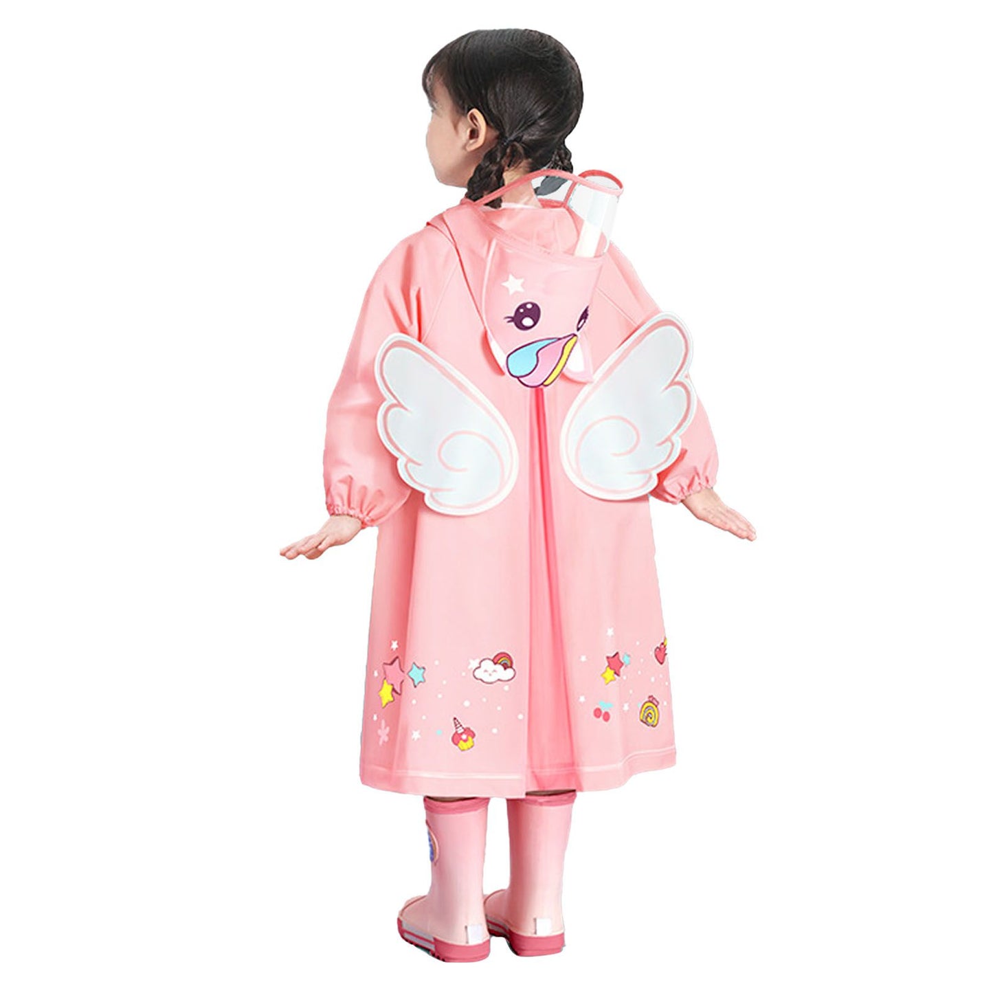 Kids Raincoat Waterproof Cute Pattern Lightweight Portable Children Hooded Rainwear for Girl Boy Pink L