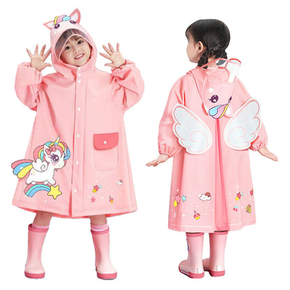 Kids Raincoat Waterproof Cute Pattern Lightweight Portable Children Hooded Rainwear for Girl Boy Pink L