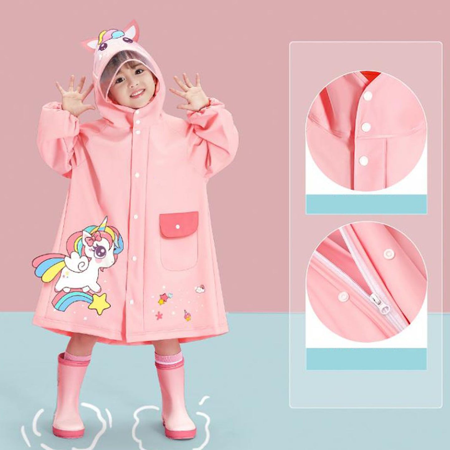 Kids Raincoat Waterproof Cute Pattern Lightweight Portable Children Hooded Rainwear for Girl Boy Pink L