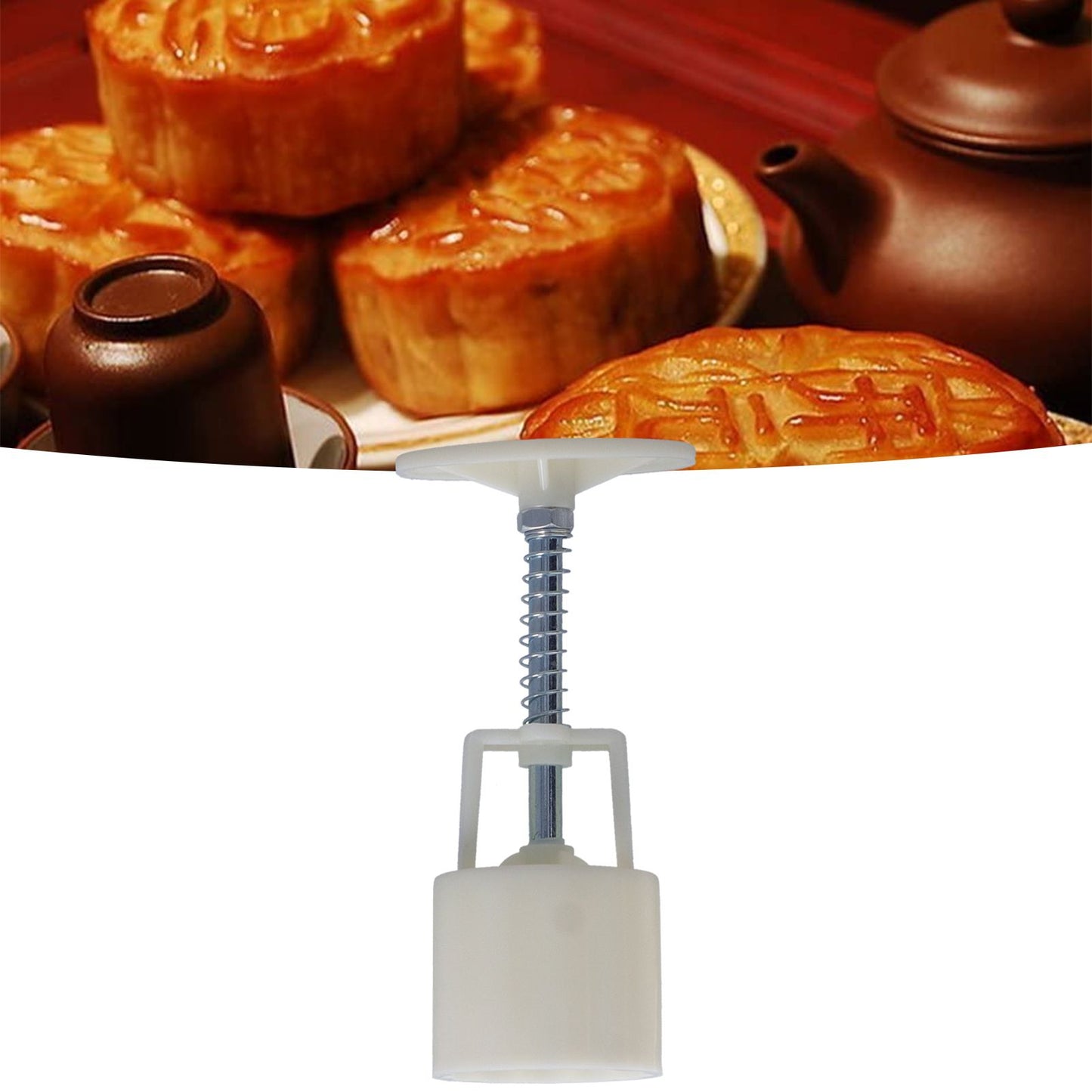 50g HandPress Mooncake Mold Dessert Biscuits Mold Baking Tool with 4 Round Stamps for Kitchen(Cute Rabbits Pattern )