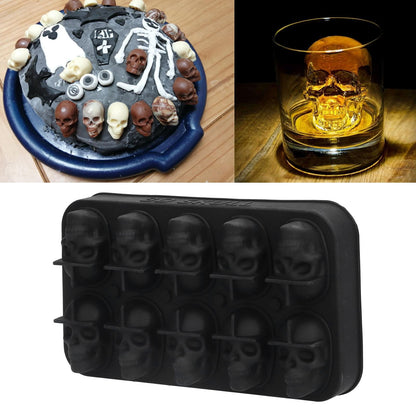 10 Grids Ice Cube Mold Silicone Black Professional Skull Ice Cube Mold for Halloween Home Bar