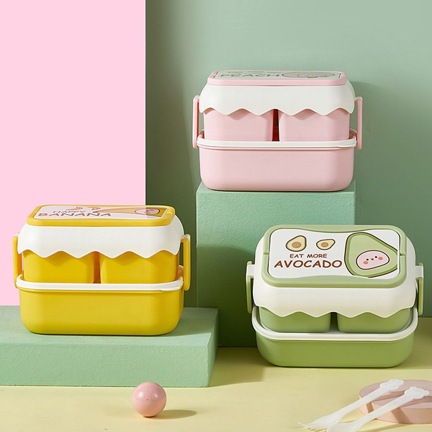 Cute Portable Students Lunch Box Microwaveable Children Cartoon Bento Box Independent Compartment Lunch Container Pink