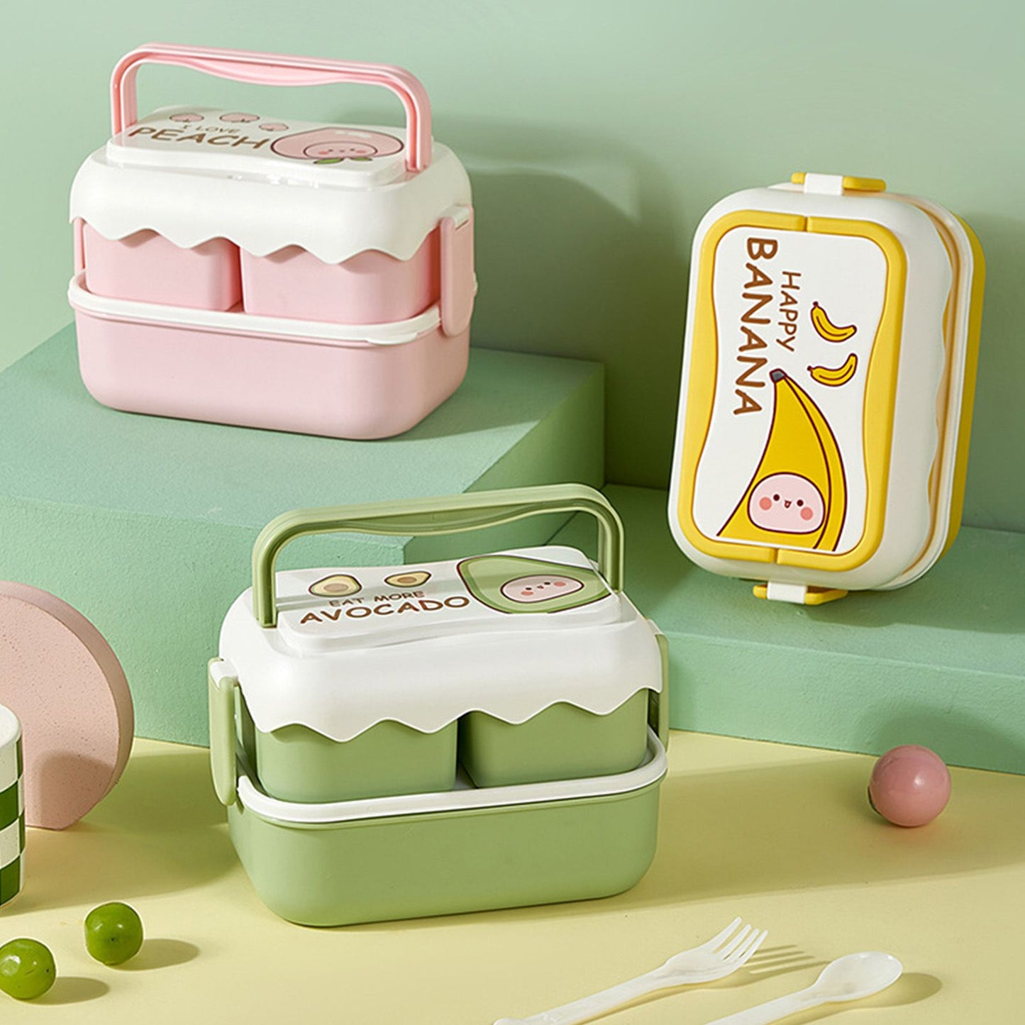 Cute Portable Students Lunch Box Microwaveable Children Cartoon Bento Box Independent Compartment Lunch Container Pink
