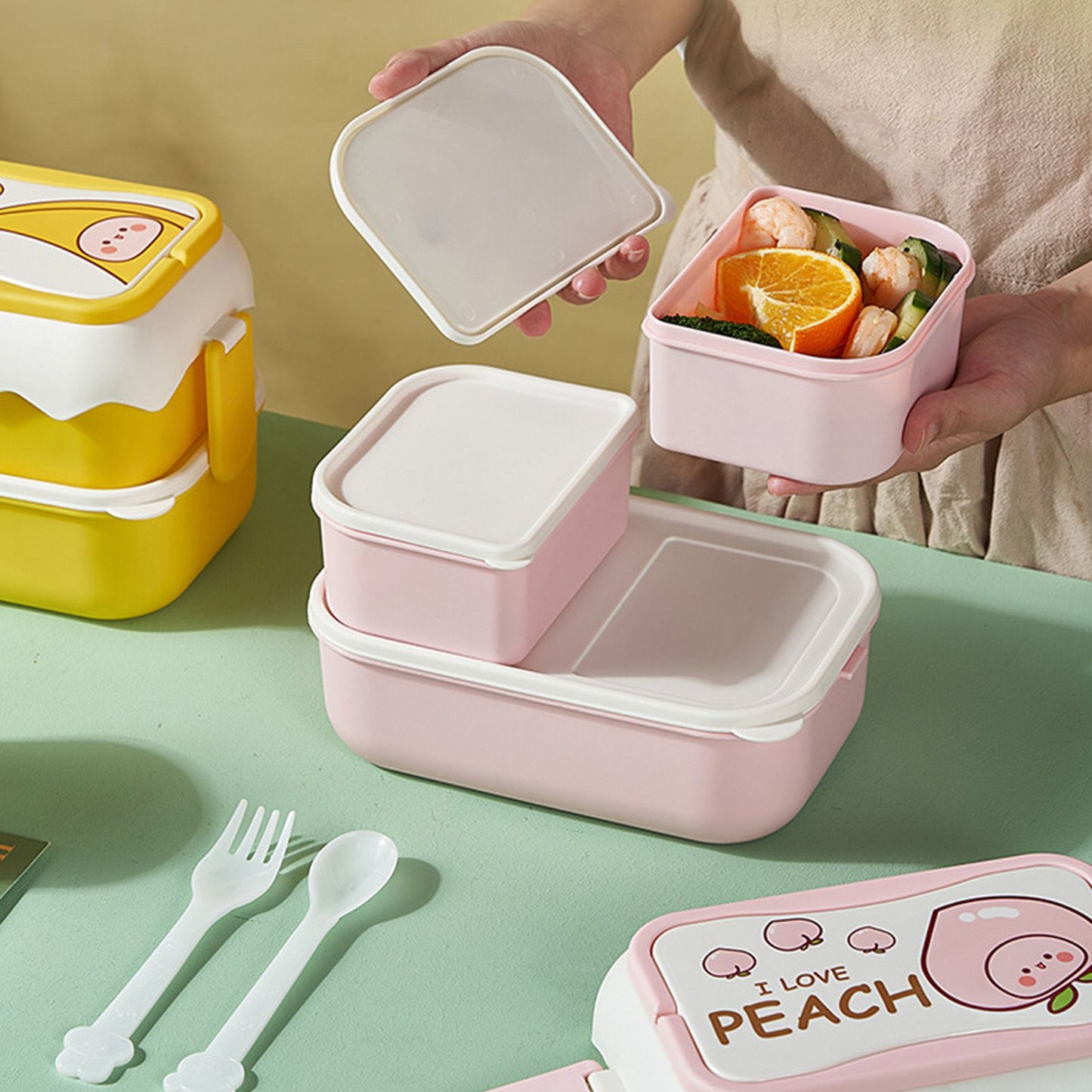 Cute Portable Students Lunch Box Microwaveable Children Cartoon Bento Box Independent Compartment Lunch Container Pink
