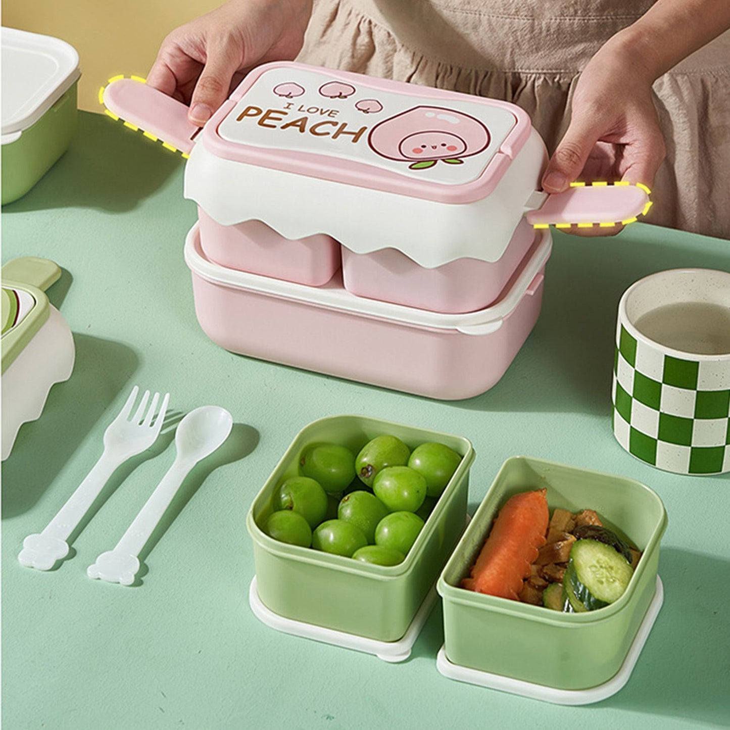 Cute Portable Students Lunch Box Microwaveable Children Cartoon Bento Box Independent Compartment Lunch Container Pink