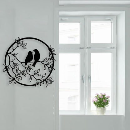 Metal Wall Art Bird on Branch Round Wall Art Bird Sign Wall Silhouette Bird Iron Artwork Hanging for Living Room Office