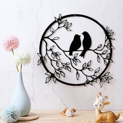 Metal Wall Art Bird on Branch Round Wall Art Bird Sign Wall Silhouette Bird Iron Artwork Hanging for Living Room Office