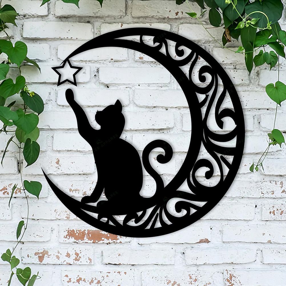 Cute Black Cats Moon Metal Sign Arts Wall Hanging Pendant Decorations for Windows Doors Mantelpieces