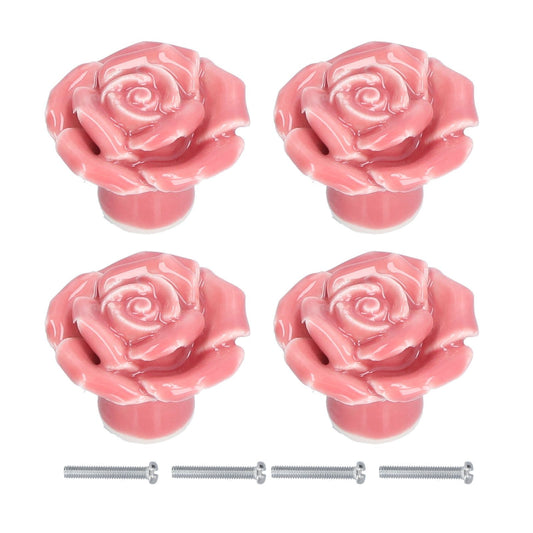 4 Set Rose Shaped Handle Modern Ceramic Cabinet Knob for Home Living Room BedroomPink