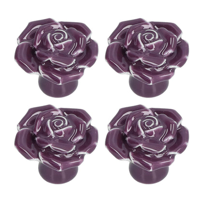 4 Set Rose Shaped Handle Modern Ceramic Cabinet Knob for Home Living Room BedroomPurple