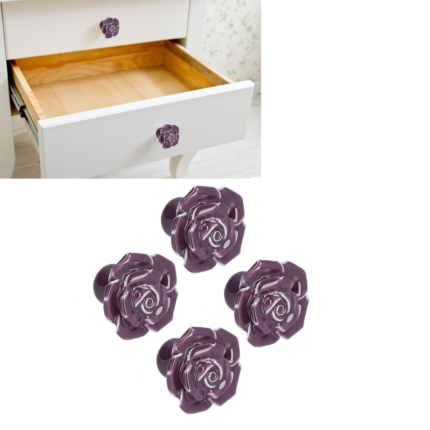 4 Set Rose Shaped Handle Modern Ceramic Cabinet Knob for Home Living Room BedroomPurple