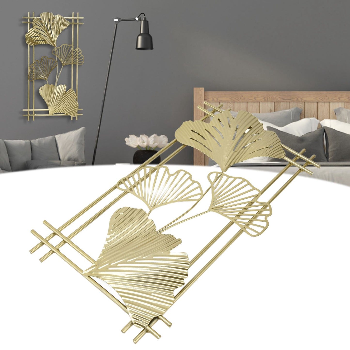 Gold Metal Wall Decor Golden Leaf Wall Hanging Decor Art Sculpture with Frame for Living Room Office Home Hotel