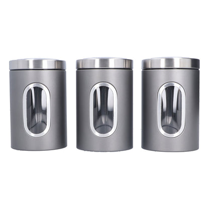 3Pcs Storage Jar Stainless Steel Food Tea Nut Container with Window Durable and Large Capacity for KitchenGrey