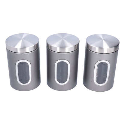 3Pcs Storage Jar Stainless Steel Food Tea Nut Container with Window Durable and Large Capacity for KitchenGrey